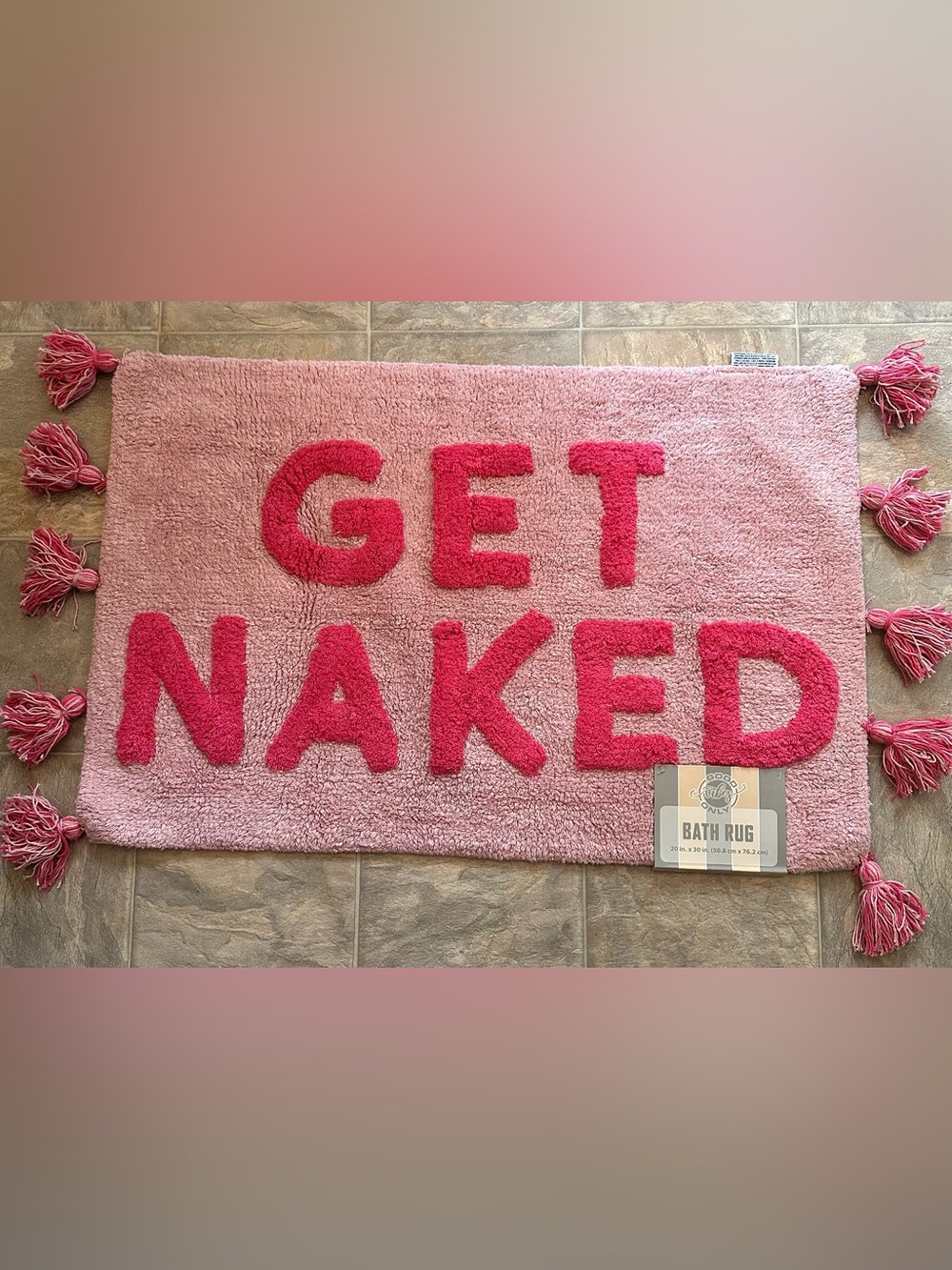 Pink 'GET NAKED' Plush Bath Mat with Light and Hot Pink Color Duo, Tassels NWT